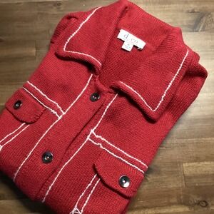 d.co denim company Red Knit Jacket Womens Size M Contrast Stitching Button Front